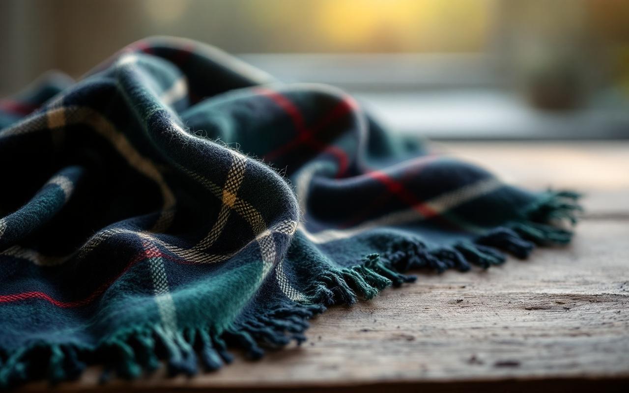 Gros plan d'un tissu tartan en laine pos&eacute; sur une table en bois, montrant le tissage, le relief et les fibres du motif &agrave; carreaux aux tons bleu marine, vert for&ecirc;t et rouge profond, &eacute;clair&eacute; par une lumi&egrave;re naturelle douce.
