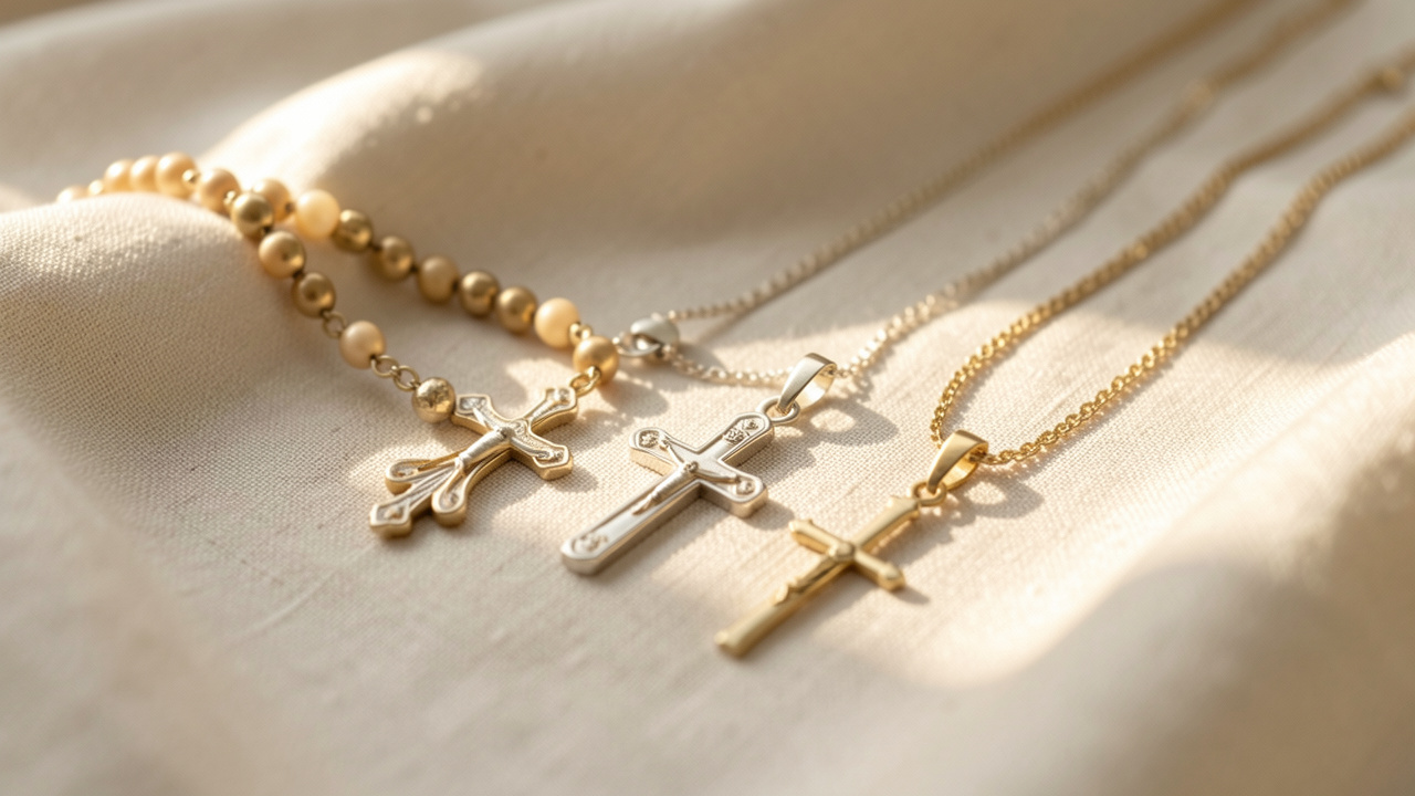 Plusieurs bijoux religieux élégants, dont des pendentifs et un chapelet discret, disposés sur un tissu clair, avec une lumière douce et une ambiance de cérémonie familiale.