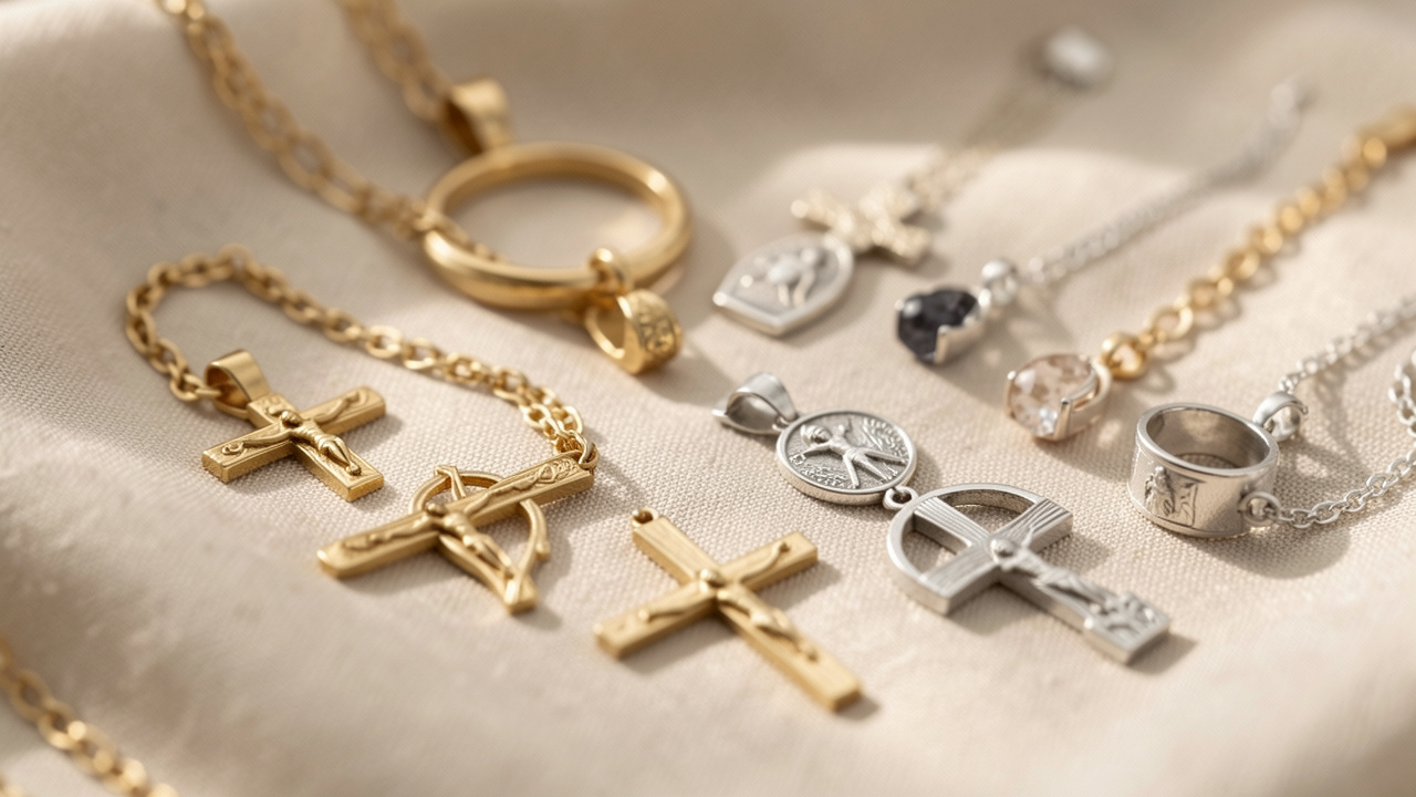 Sélection élégante de bijoux religieux en or et argent disposés sur un tissu clair, éclairage doux et ambiance intemporelle.