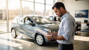 Un homme examine les documents d’entretien d’une voiture d’occasion dans une concession lumineuse, avec un véhicule compact visible en arrière-plan.