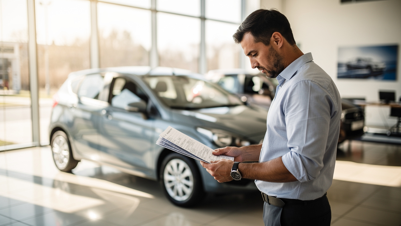 Un homme examine les documents d’entretien d’une voiture d’occasion dans une concession lumineuse, avec un véhicule compact visible en arrière-plan.