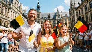 Une famille belge avec deux enfants observe un défilé officiel estival à Bruxelles en tenant de petits drapeaux noirs, jaunes et rouges.