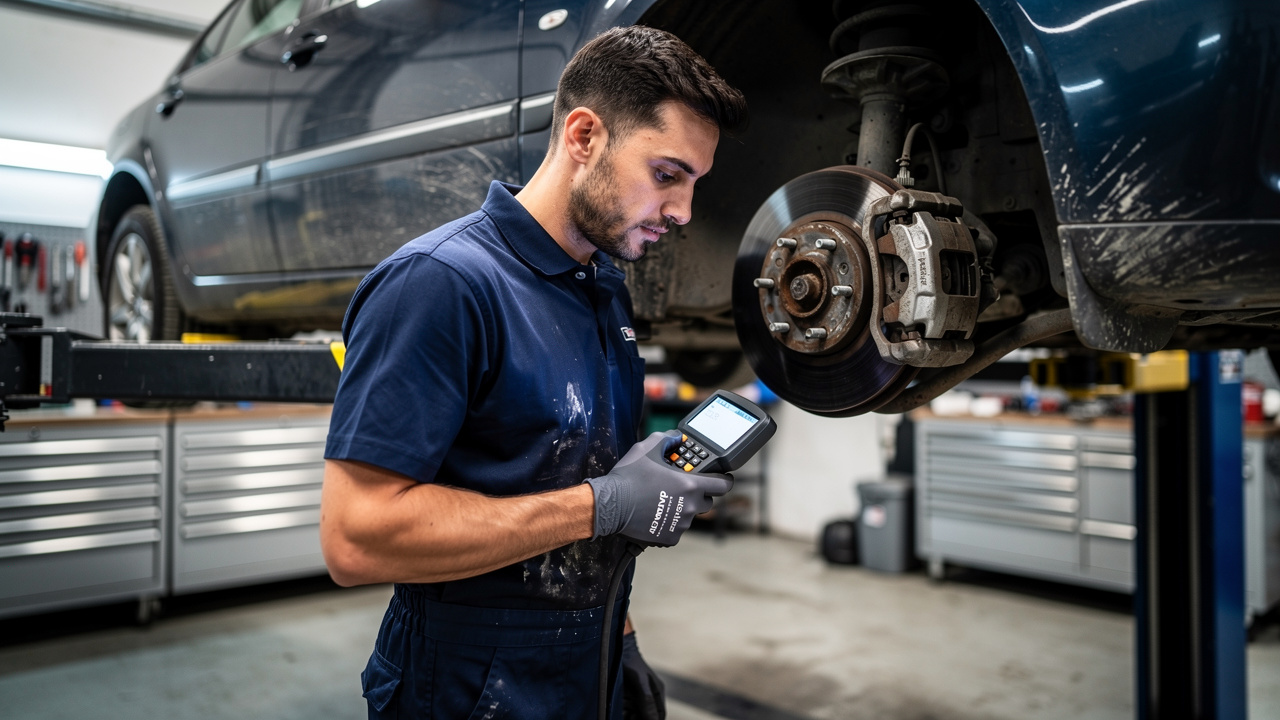 Un mécanicien inspecte les freins et effectue un diagnostic électronique sur une voiture d’occasion placée sur un pont élévateur dans un garage professionnel.