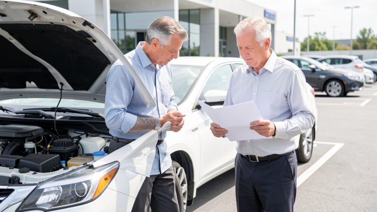 Un homme examine attentivement une voiture d’occasion avec des documents dans un parking lumineux et rassurant.