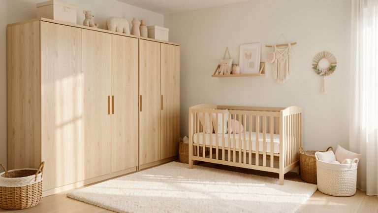 Chambre de bébé lumineuse et apaisante avec des rangements en bois clair, une décoration douce et des couleurs pastel.