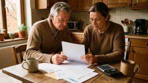Un couple français examine des documents administratifs et des papiers de paiement sur une table de cuisine, baigné par une lumière chaleureuse d’automne.