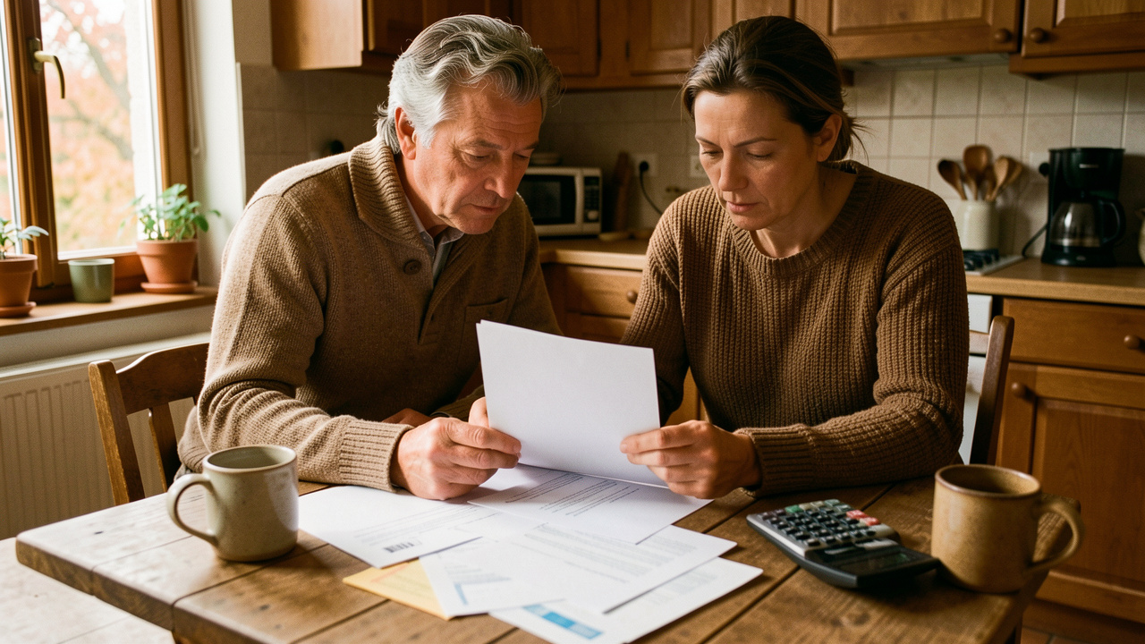 Un couple français examine des documents administratifs et des papiers de paiement sur une table de cuisine, baigné par une lumière chaleureuse d’automne.