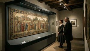 Vue intérieure sobre d’un musée médiéval présentant une longue broderie narrative du XIe siècle dans une vitrine sombre, observée par un homme et une femme.