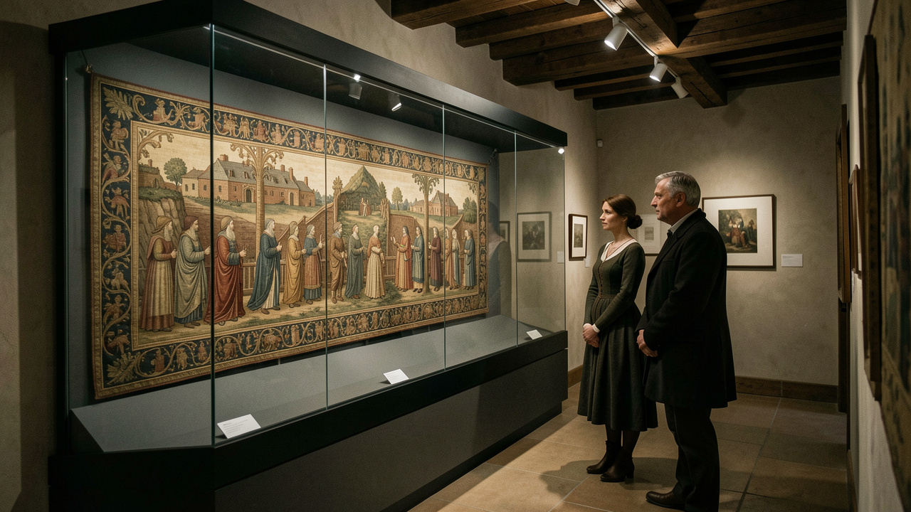 Vue intérieure sobre d’un musée médiéval présentant une longue broderie narrative du XIe siècle dans une vitrine sombre, observée par un homme et une femme.