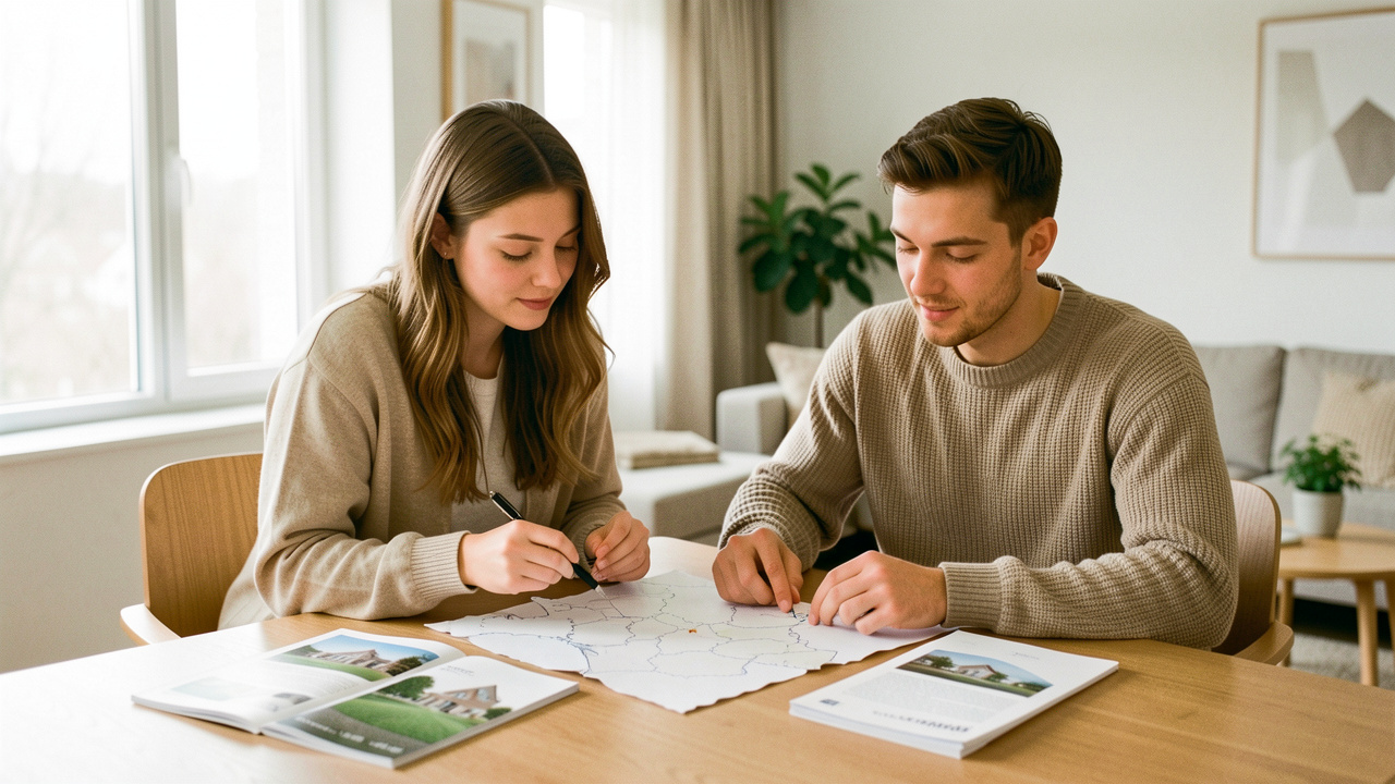 Un jeune couple étudie une carte vierge de la France et des documents immobiliers dans un appartement lumineux.