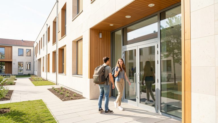 Résidence étudiante moderne près d’un campus universitaire français, avec une jeune femme et un jeune homme entrant dans le bâtiment sous une lumière naturelle.