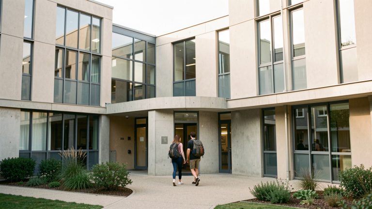 Résidence étudiante contemporaine à la façade sobre, avec un jeune homme et une jeune femme entrant dans le bâtiment sous une lumière naturelle.