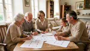 Famille française de trois générations réunie dans le salon lumineux d’une maison ancienne autour de documents immobiliers et de plans posés sur une table.